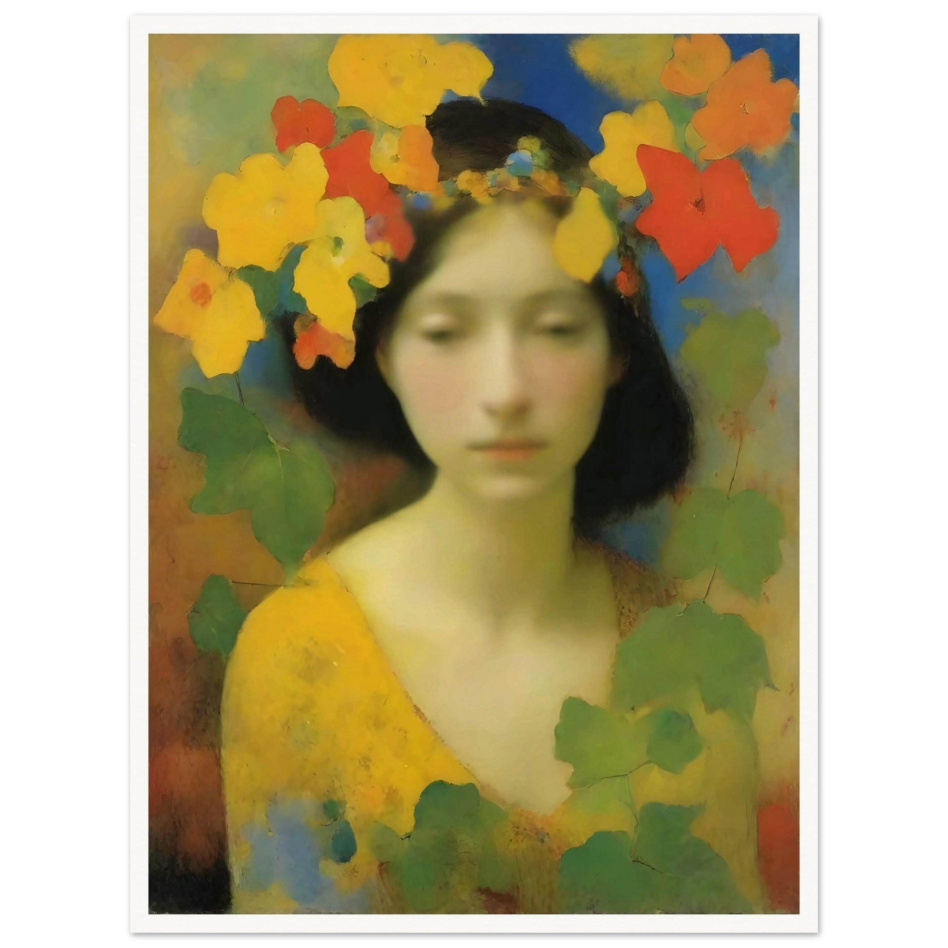 Dreamlike portrait of a serene woman adorned with a crown of yellow, orange, and red flowers, surrounded by soft greenery.