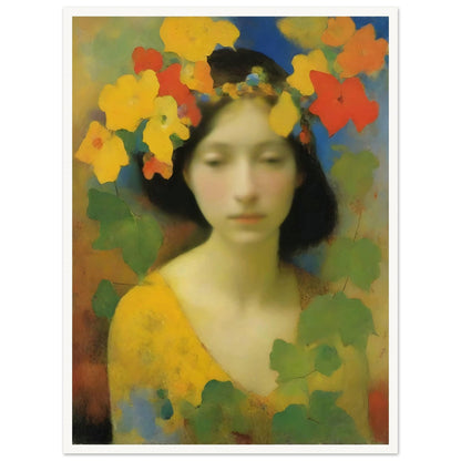 Dreamlike portrait of a serene woman adorned with a crown of yellow, orange, and red flowers, surrounded by soft greenery.