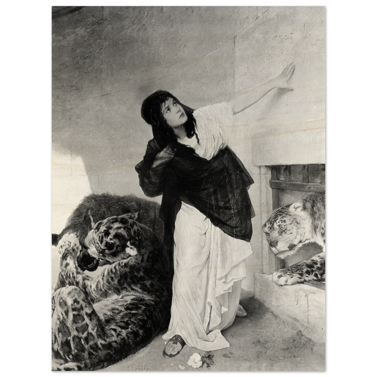 A woman in flowing robes gestures upward beside two resting tigers in a dramatic Orientalist scene.