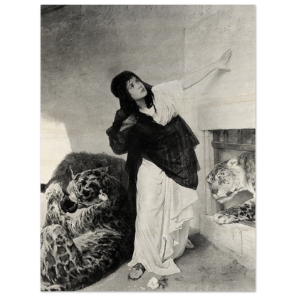 A woman in flowing robes gestures upward beside two resting tigers in a dramatic Orientalist scene.