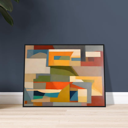 A geometric abstract painting with overlapping shapes in earthy tones of orange, yellow, green, blue, and beige, creating a harmonious composition.