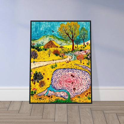 Colorful countryside with a rustic barn, winding stream, blooming trees, and a swirling pink pond beneath blue skies.