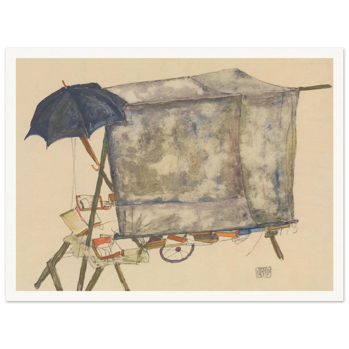A gray covered street cart stands beneath a dark blue umbrella, rendered in loose watercolor and graphite.