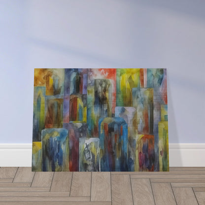 A vibrant abstract painting of a cityscape with multicolored buildings. The artwork features tall, rectangular shapes in a variety of hues, blending seamlessly to create a dynamic urban scene.