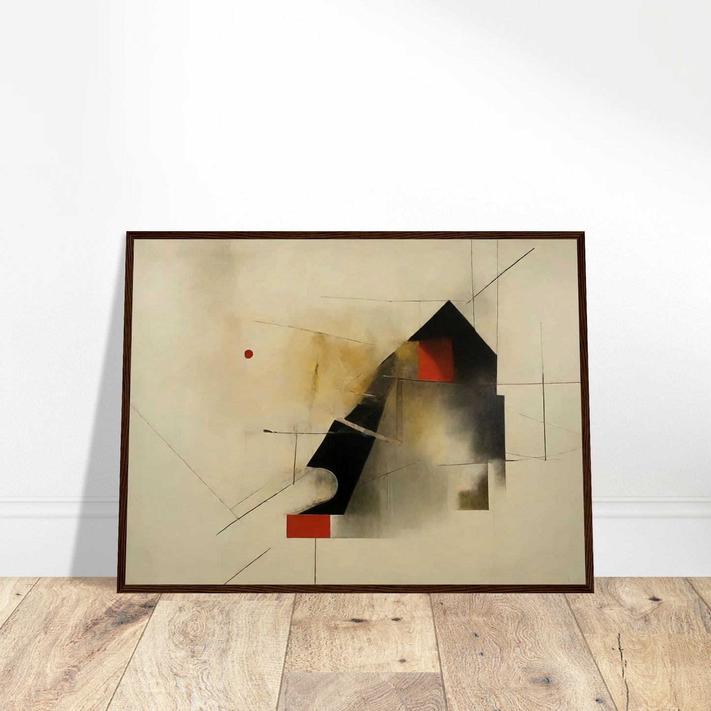 An abstract painting featuring geometric shapes and lines on a light background. A prominent black triangular shape is juxtaposed with red and white rectangles, and thin lines intersect across the canvas, creating a sense of movement and depth.