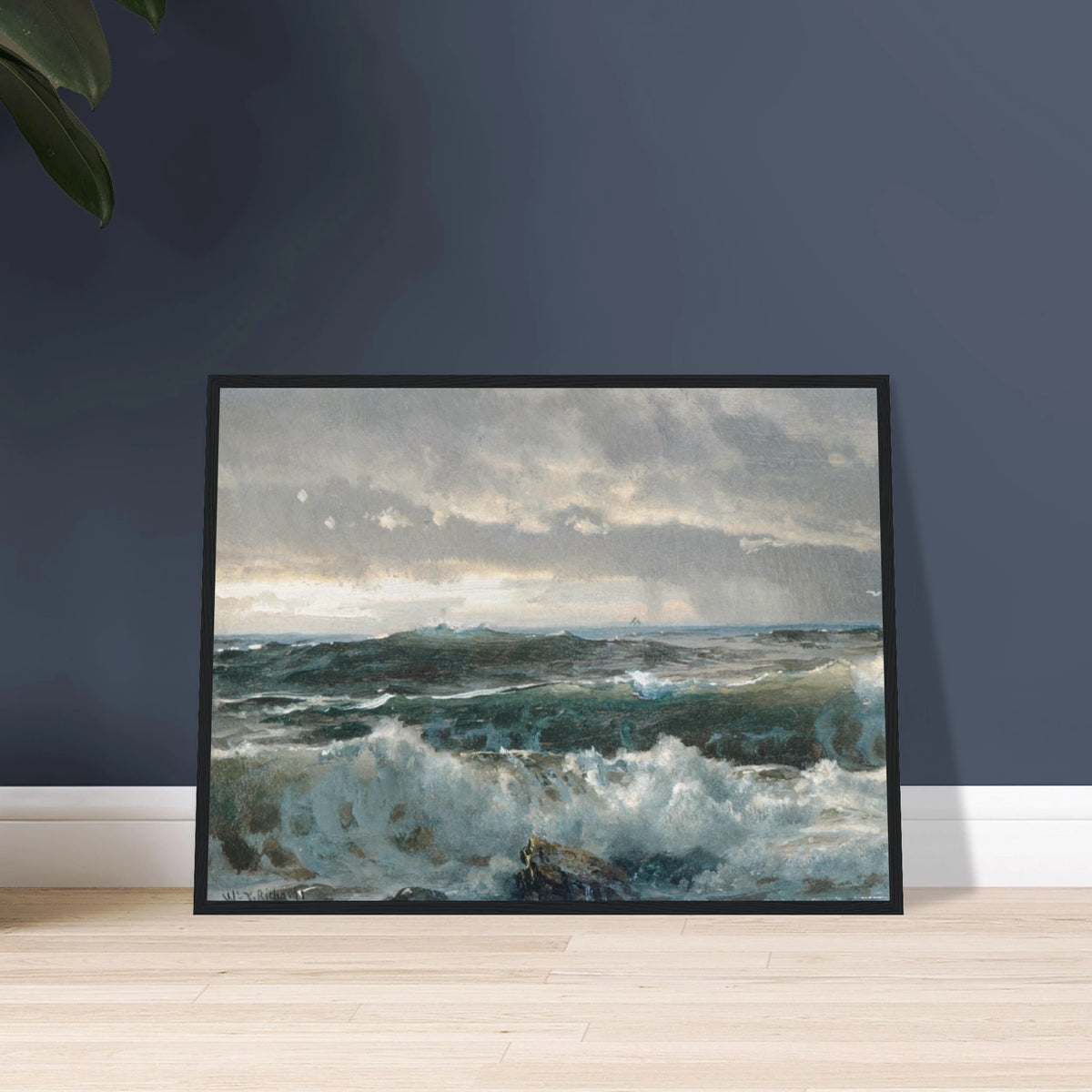 Stormy waves crash over dark rocks beneath heavy gray clouds in a dramatic seascape.