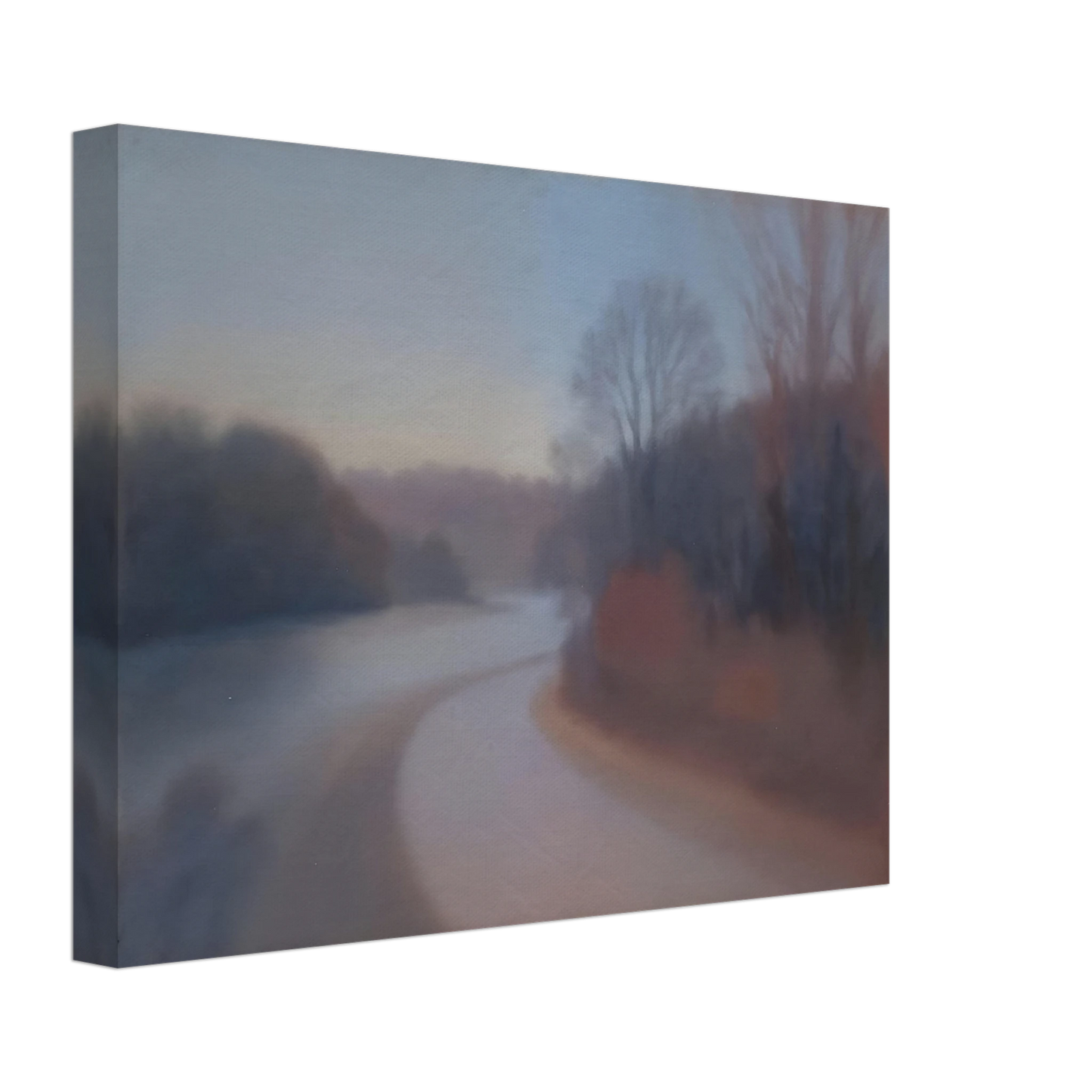 A soft river curves through misty woodlands at dusk, with blurred trees fading into gentle blue and mauve tones.