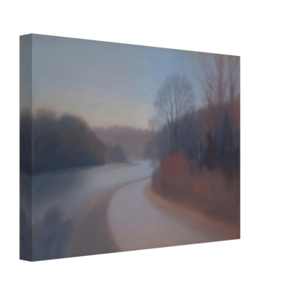 A soft river curves through misty woodlands at dusk, with blurred trees fading into gentle blue and mauve tones.