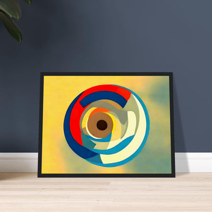 A geometric abstract artwork featuring overlapping circular shapes in bold colors of blue, red, yellow, and white on a soft gradient background.