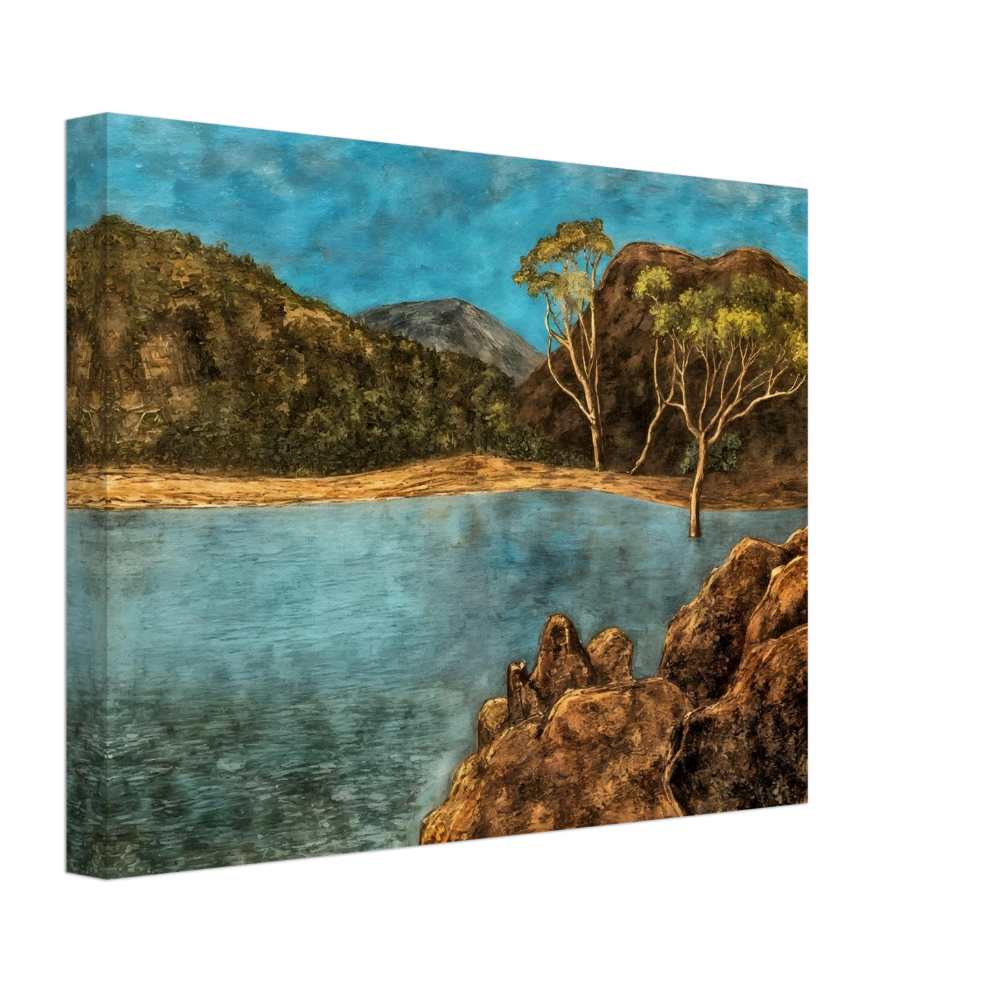 Blue lake with rocky shore, brown hills, slender trees, and turquoise sky in a quiet landscape.