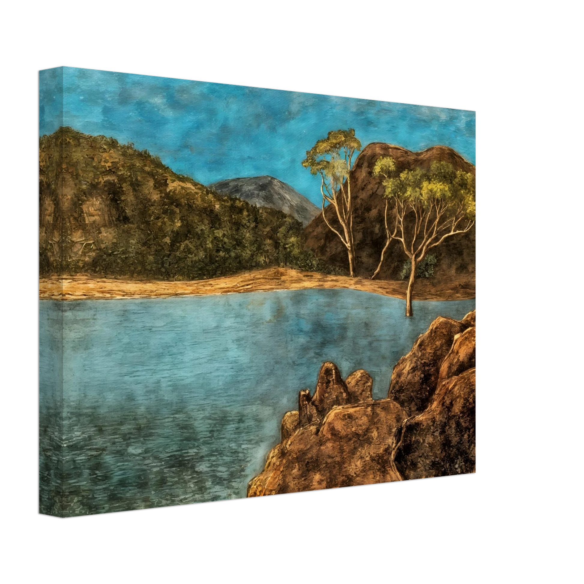 Blue lake with rocky shore, brown hills, slender trees, and turquoise sky in a quiet landscape.