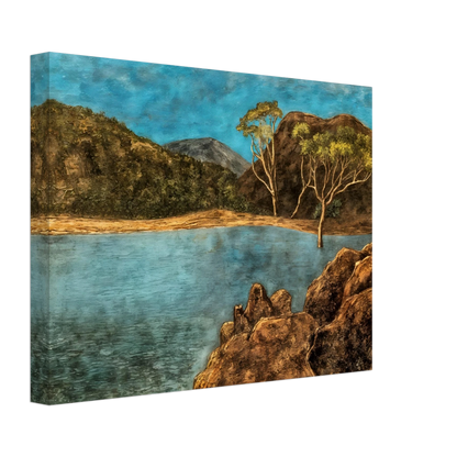 Blue lake with rocky shore, brown hills, slender trees, and turquoise sky in a quiet landscape.