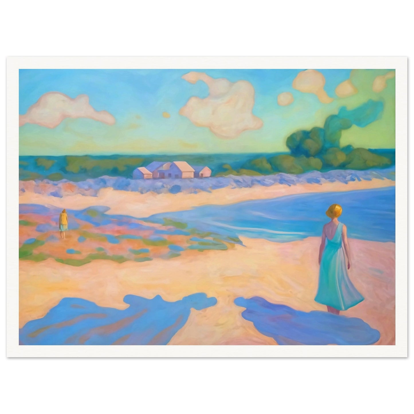 A serene coastal scene with a woman in a flowing dress walking along the beach, pastel hues creating a peaceful atmosphere.