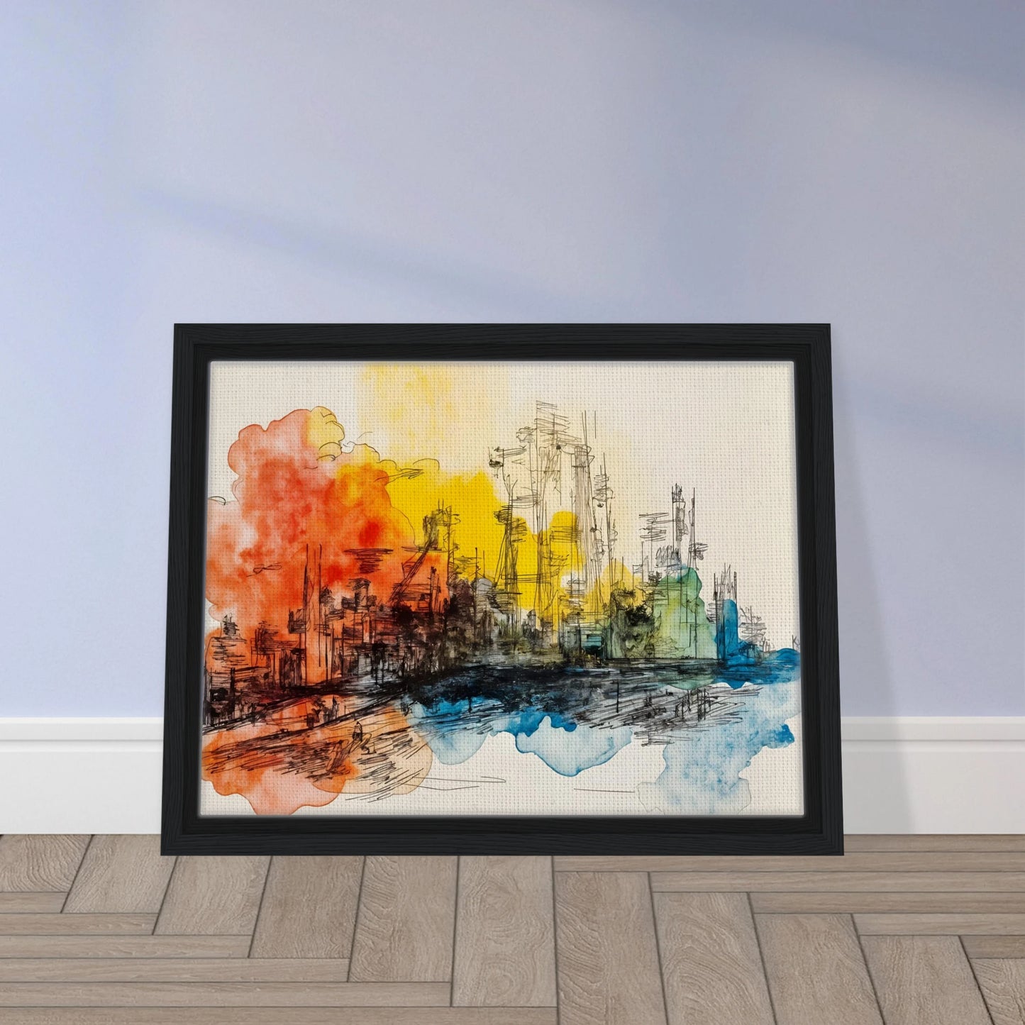 Ink city skyline with orange, yellow, and blue watercolor washes across a bright urban scene.