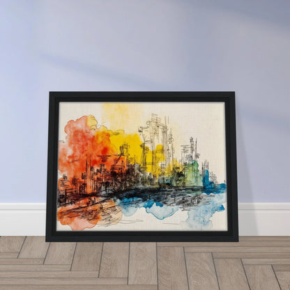 Ink city skyline with orange, yellow, and blue watercolor washes across a bright urban scene.