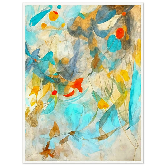 A delicate abstract painting with soft blue, yellow, and orange tones blending harmoniously, evoking the fluidity of nature's elements.