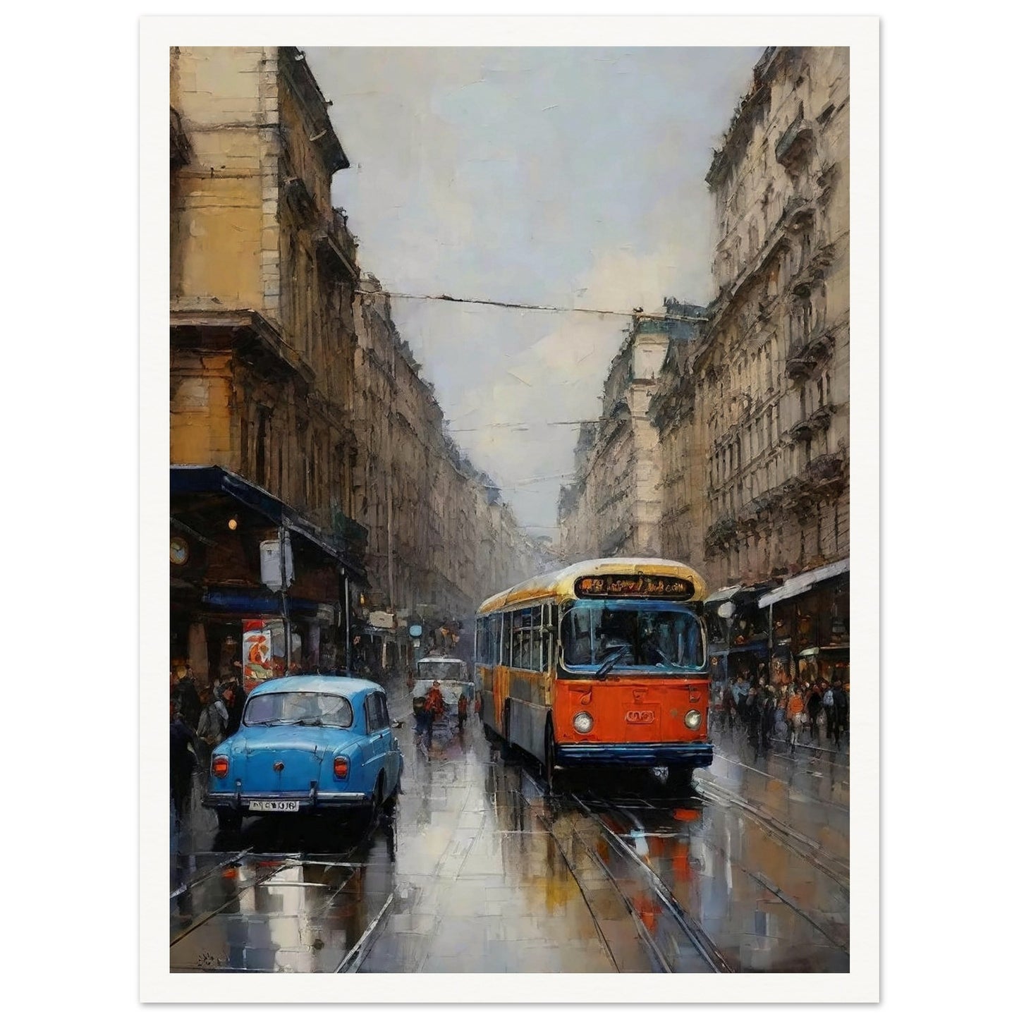 "A beautifully painted urban scene of a streetcar moving through a rainy city, with classic cars and reflective wet streets, evoking a sense of nostalgia."