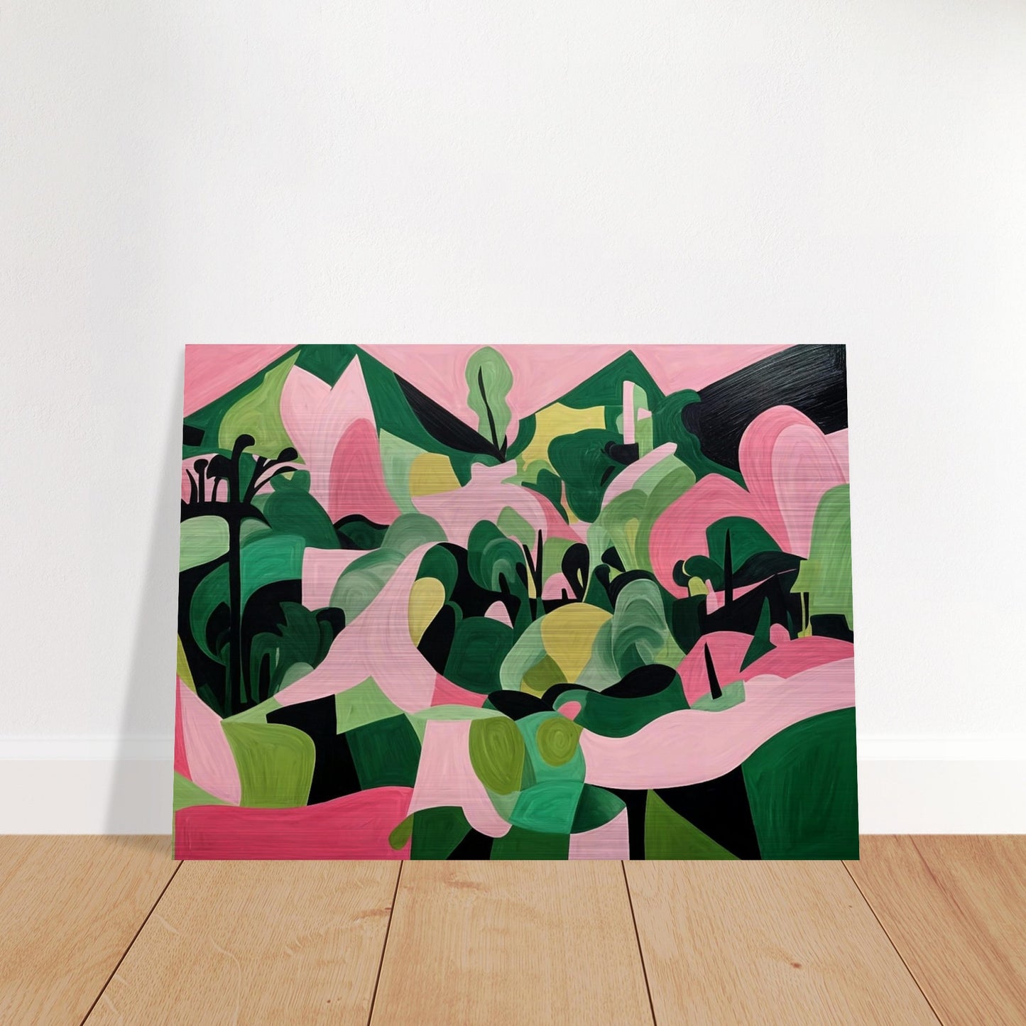 "An abstract painting filled with organic green and pink shapes, resembling a vibrant landscape of rolling hills and trees in a surreal, geometric style."