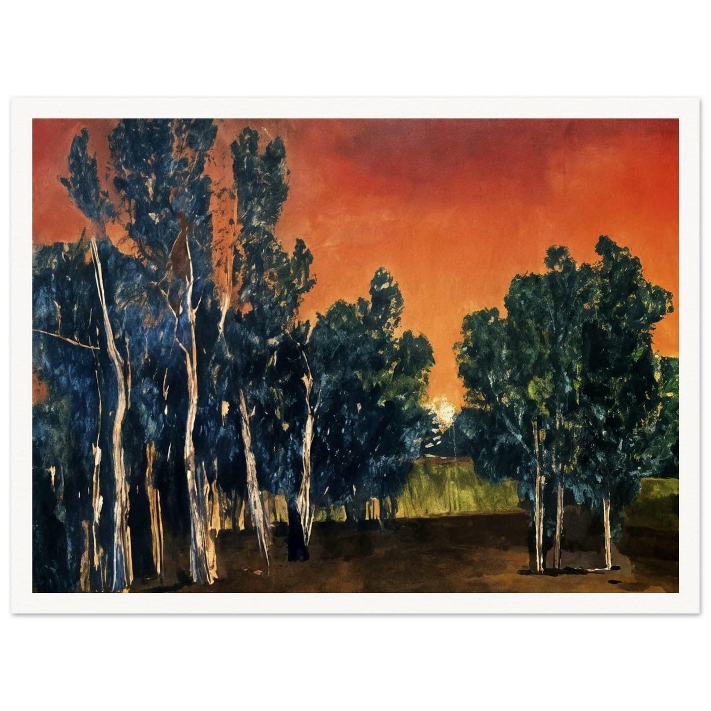 Painting of tall trees silhouetted against a vivid crimson and orange sunset, with deep green foliage and earthy tones.