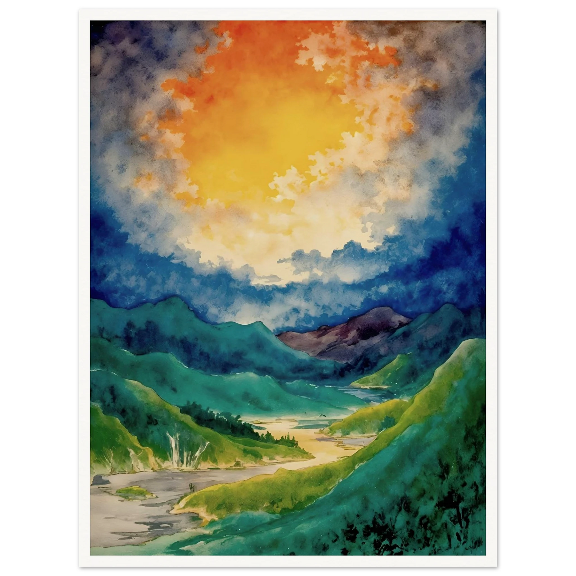 A vibrant watercolor landscape featuring rolling green mountains, a winding river valley, and a dramatic golden glow breaking through deep blue clouds overhead.