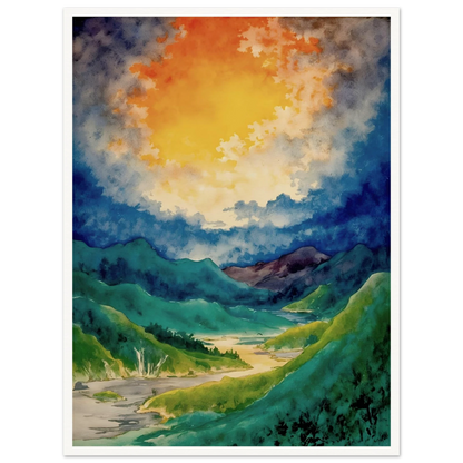 A vibrant watercolor landscape featuring rolling green mountains, a winding river valley, and a dramatic golden glow breaking through deep blue clouds overhead.