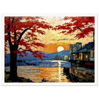 A serene sunset scene with vibrant red trees framing a peaceful waterfront, reflecting golden hues, and a distant cityscape in the background