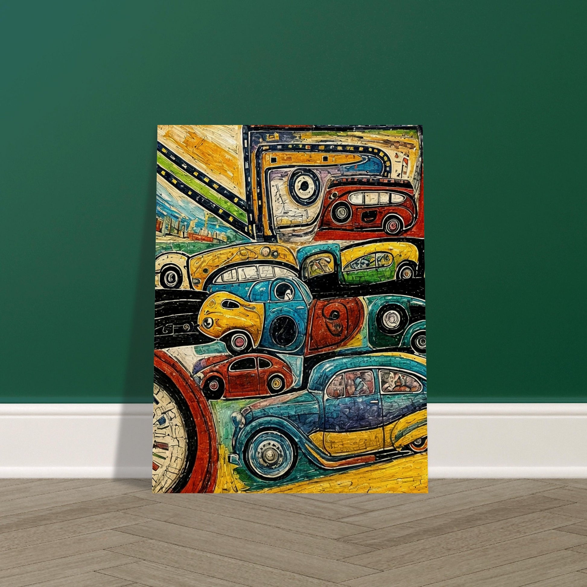 A lively artwork featuring vibrant, multi-colored vintage cars in various shapes and sizes on a winding road, showcasing a playful take on travel and motion.