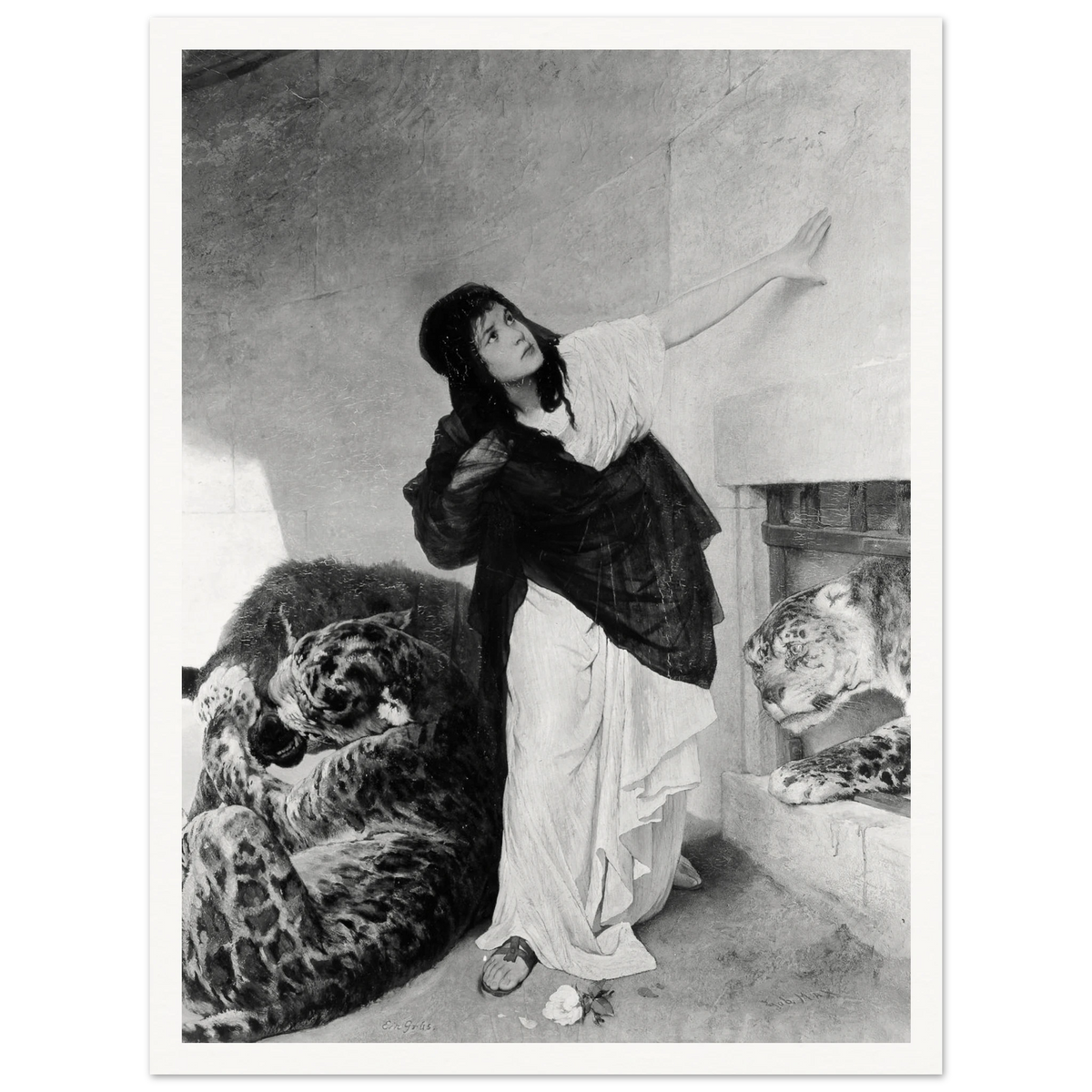 A woman in flowing robes gestures upward beside two resting tigers in a dramatic Orientalist scene.