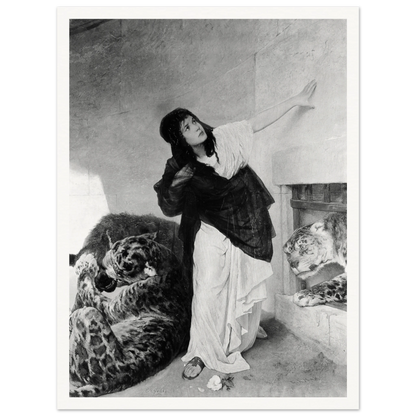 A woman in flowing robes gestures upward beside two resting tigers in a dramatic Orientalist scene.