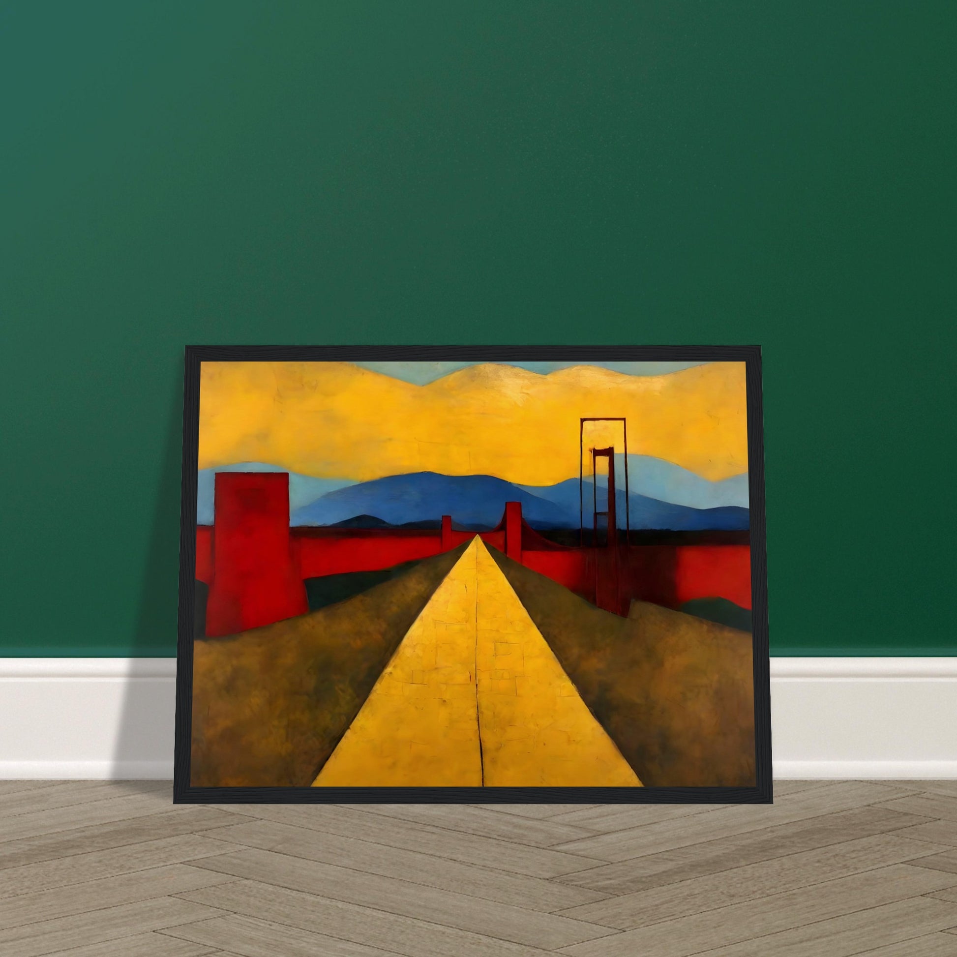 Modern artwork of a bright yellow road stretching into the distance, bordered by red structures, with blue mountains and golden skies in the background.