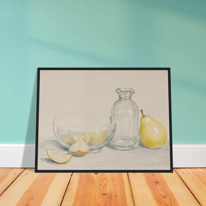 Clear glass bowl with lemon slices, a bottle, and a pear on a light surface in a soft, minimalist still life scene.