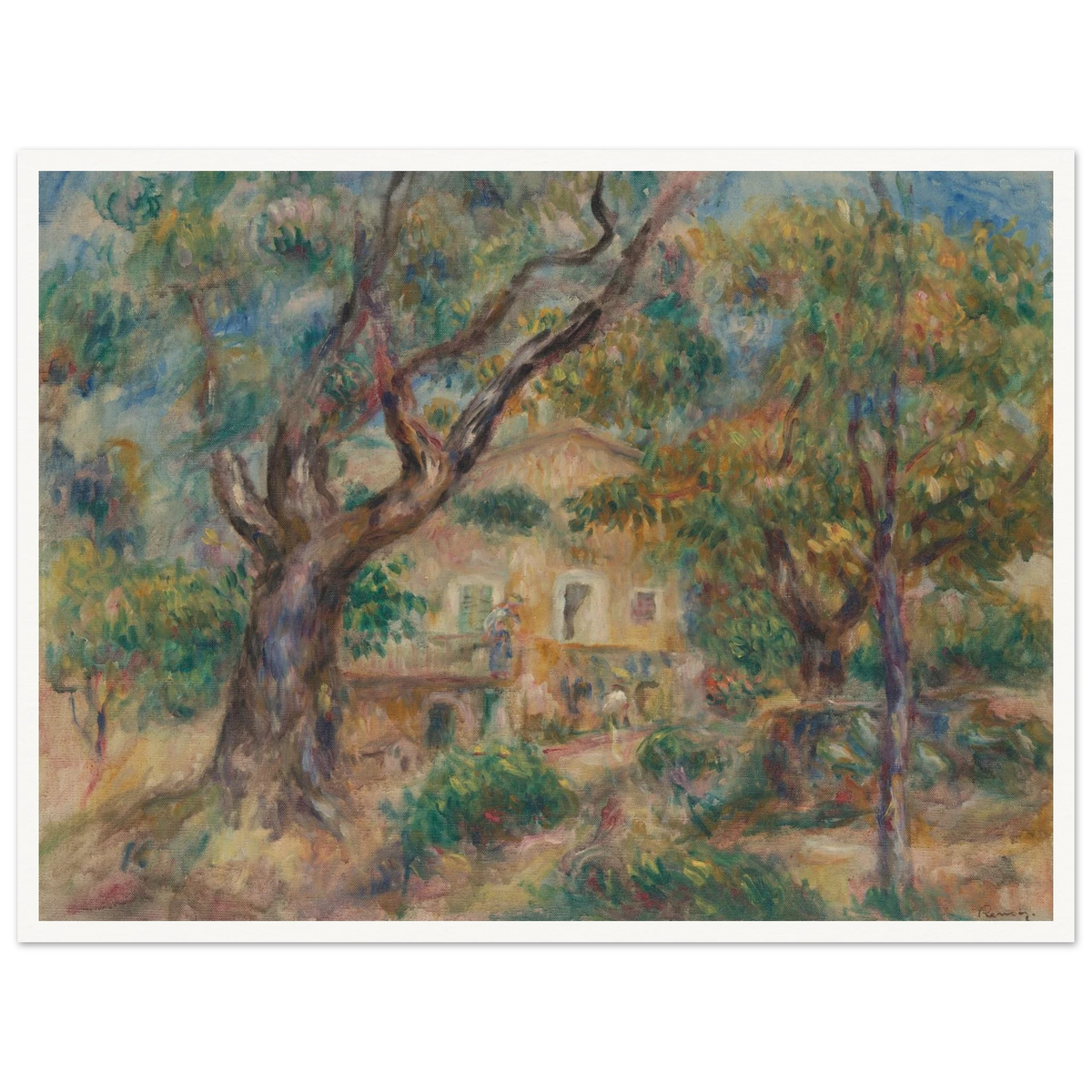 Sunlit farm buildings and trees at Les Collettes in Cagnes, painted with loose, vibrant brushstrokes.