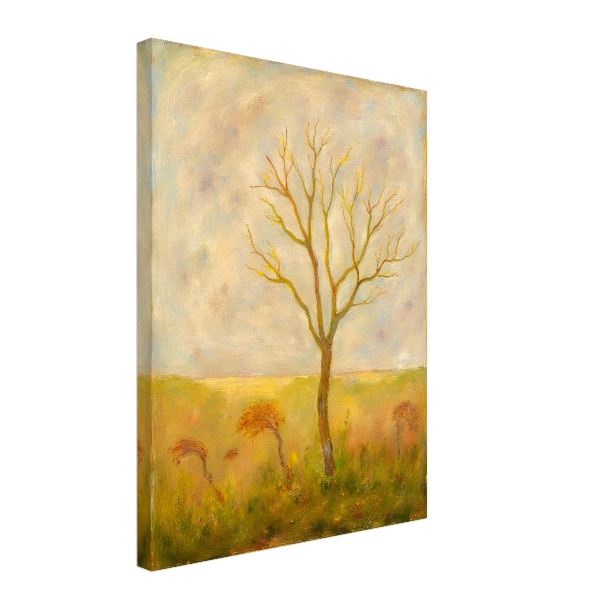 A lone tree stands tall in a golden meadow under a pale sky, its bare branches reaching gracefully toward the light.