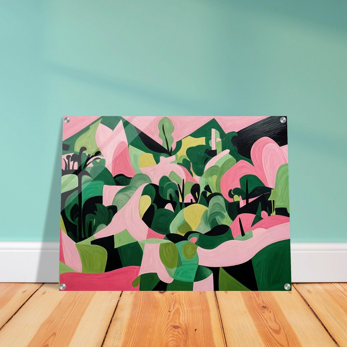 "An abstract painting filled with organic green and pink shapes, resembling a vibrant landscape of rolling hills and trees in a surreal, geometric style."