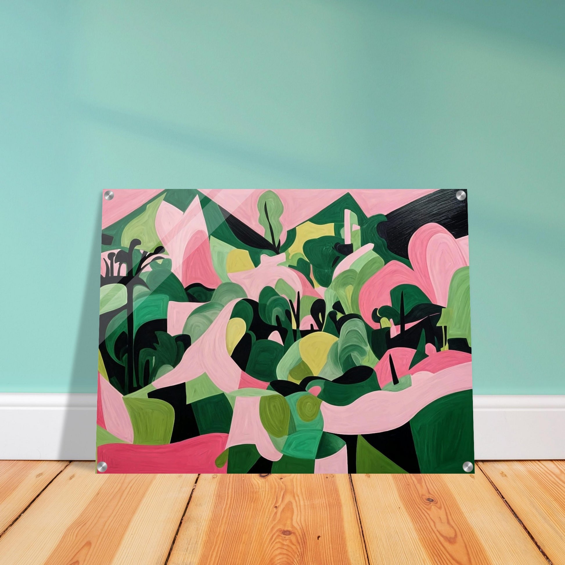 "An abstract painting filled with organic green and pink shapes, resembling a vibrant landscape of rolling hills and trees in a surreal, geometric style."