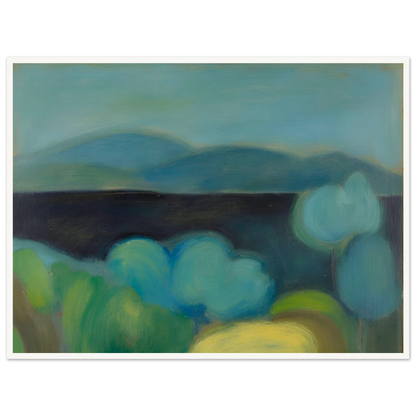Soft blue hills rise beyond rounded trees and lush fields, creating a tranquil landscape bathed in cool light.