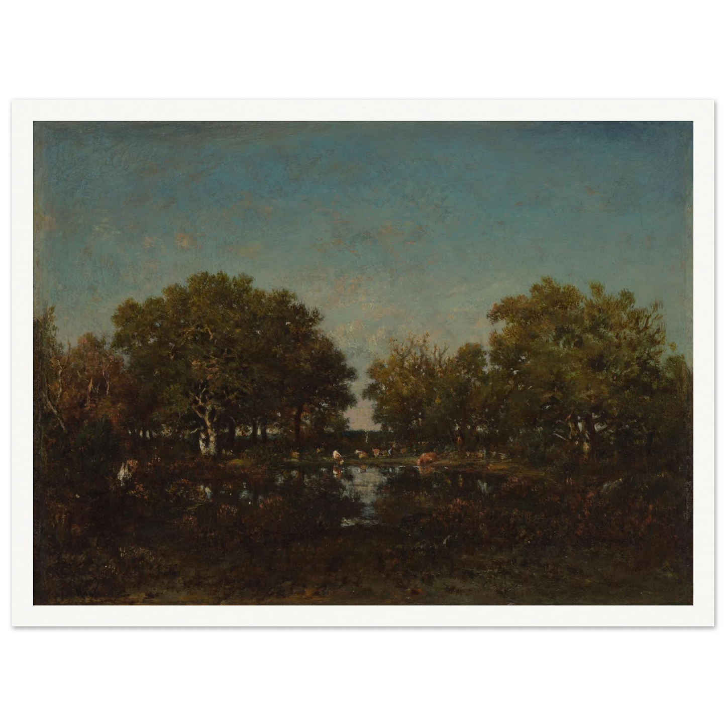 Cattle gather beside a reflective woodland pool beneath dense trees and a wide blue sky.
