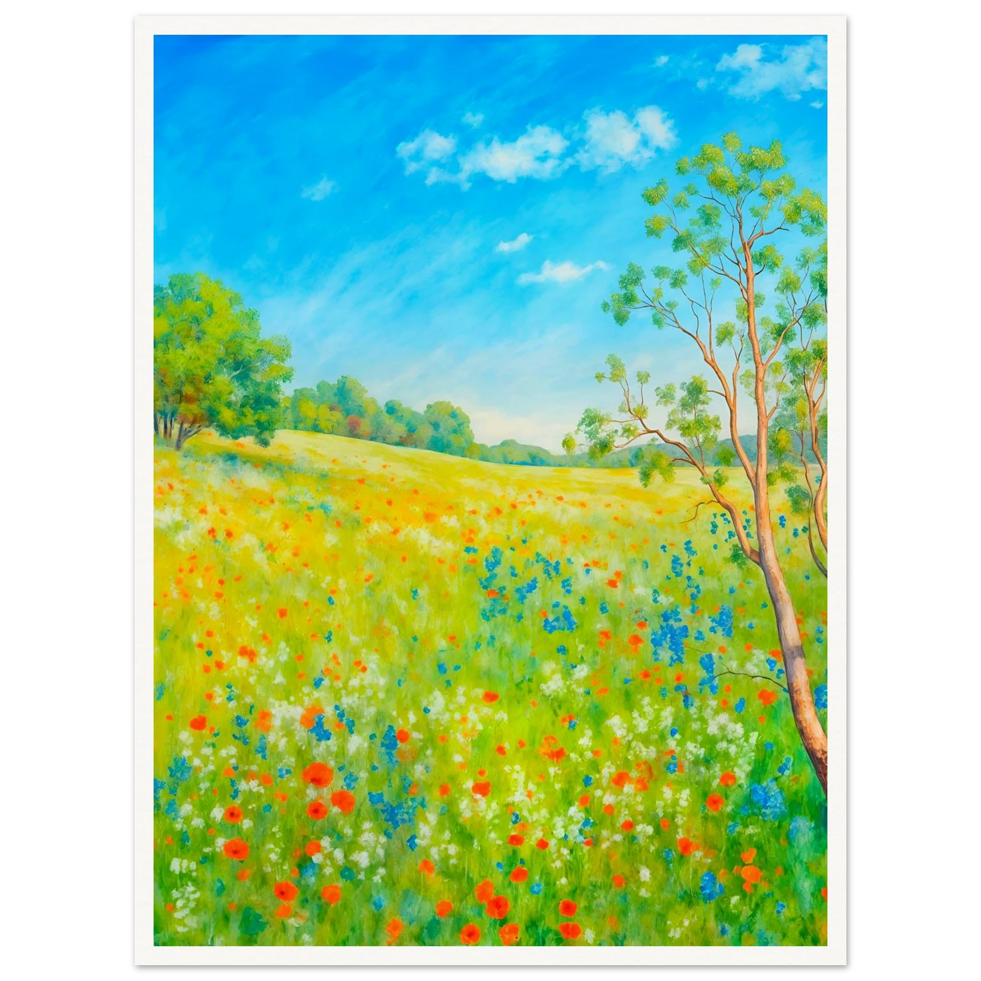 Bright wildflower meadow under clear blue sky with delicate trees, colorful blossoms, and sunlit greenery stretching across a serene spring landscape.
