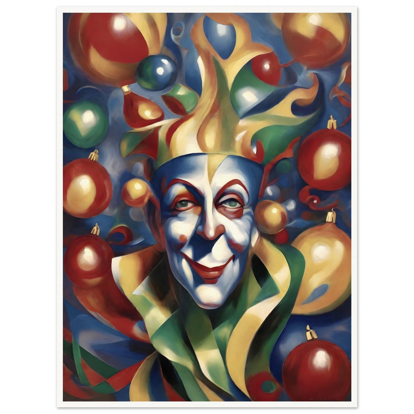 A vibrant painting of a whimsical jester with colorful face paint, surrounded by festive ornaments in red, gold, green, and blue hues.