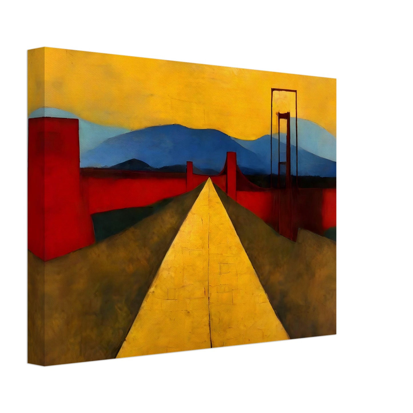 Modern artwork of a bright yellow road stretching into the distance, bordered by red structures, with blue mountains and golden skies in the background.