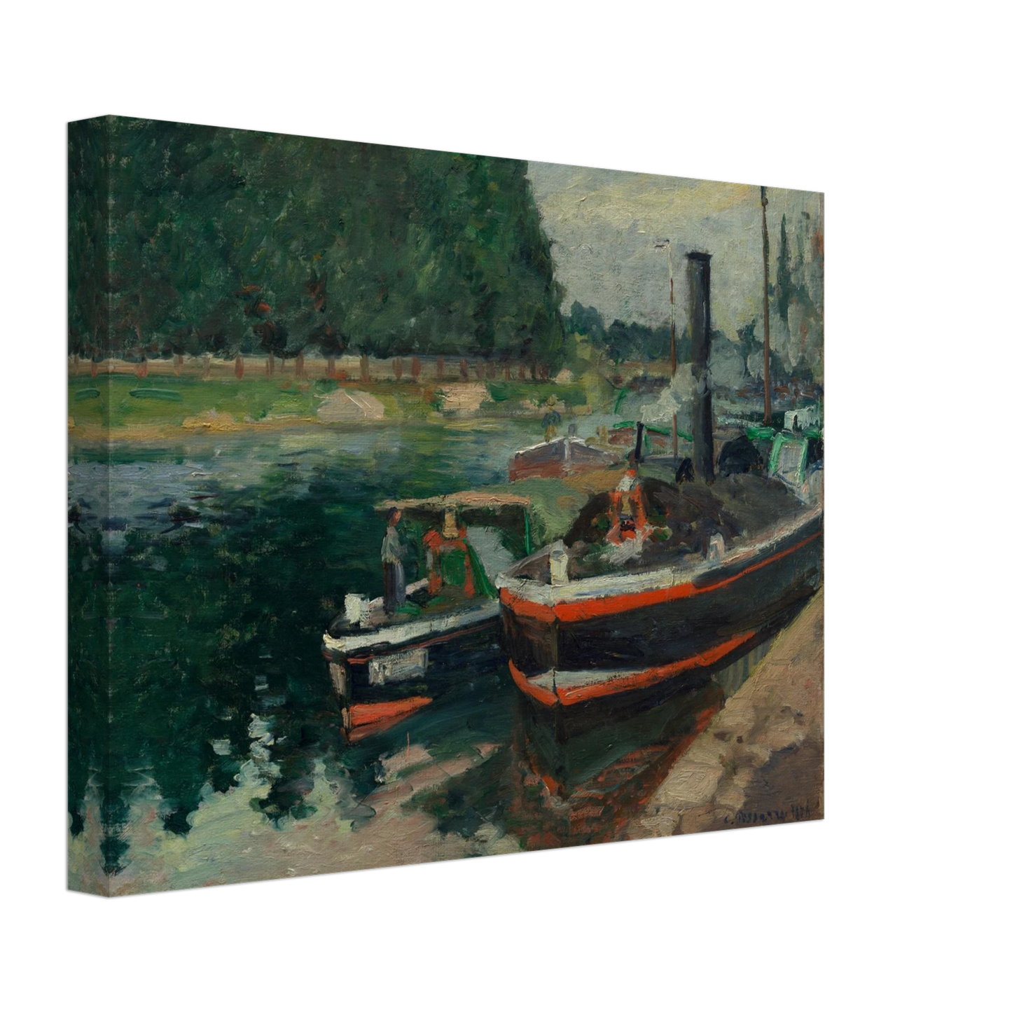 Steamboats dock along the river at Rouen with green trees reflected in the water
