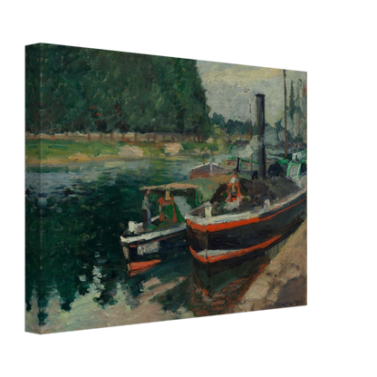 Steamboats dock along the river at Rouen with green trees reflected in the water