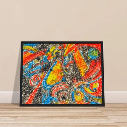 Explosive swirling lines of red, blue, yellow, and black collide in a high-energy abstract composition filled with motion and intensity.