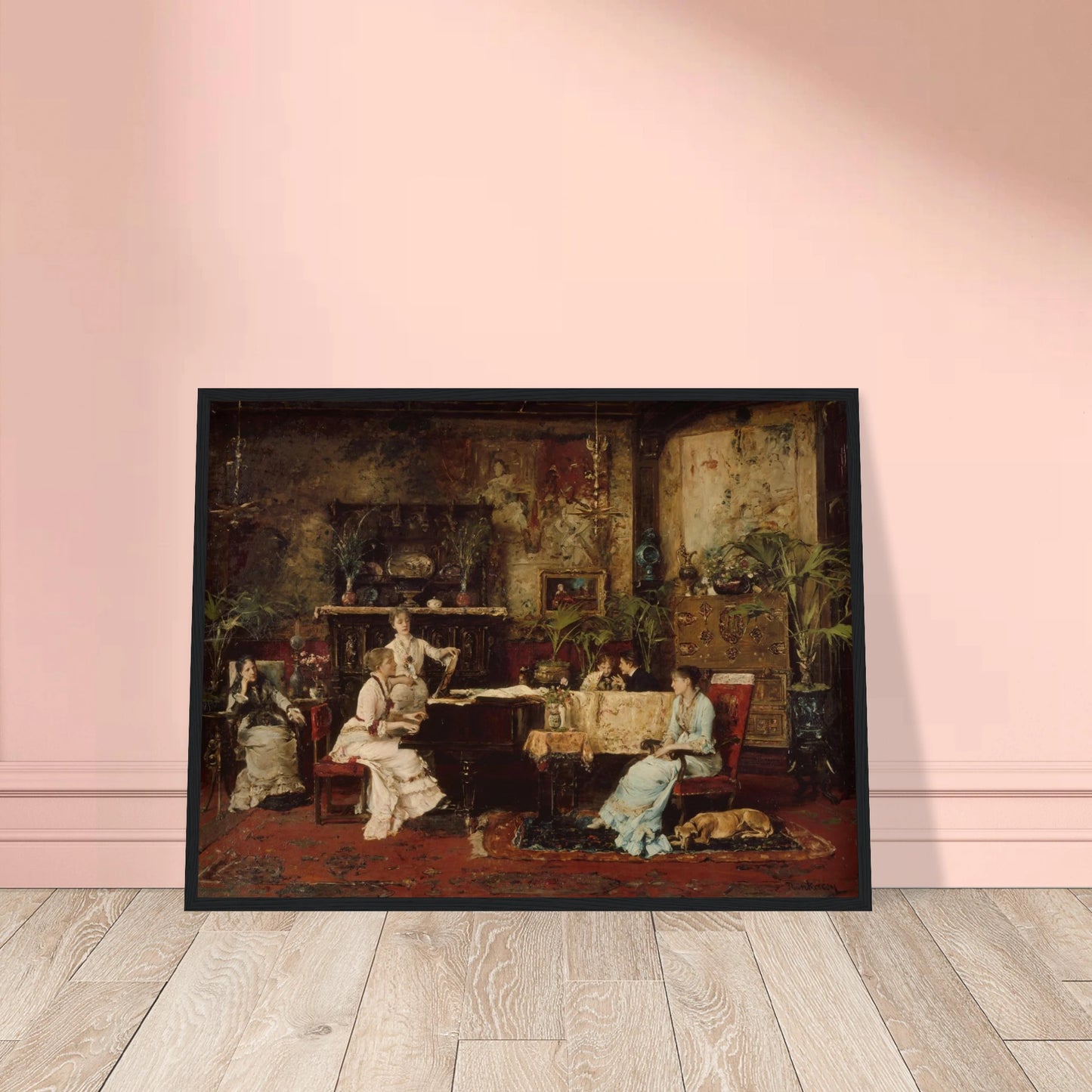 Elegant parlor with women at a piano, rich decor, plants, and a sleeping dog