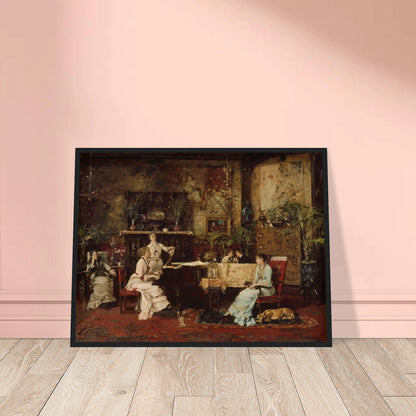 Elegant parlor with women at a piano, rich decor, plants, and a sleeping dog