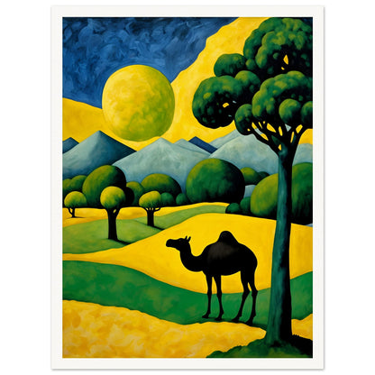 A surreal desert scene with a black camel silhouette against rolling golden dunes, lush green trees, and a glowing yellow moon.