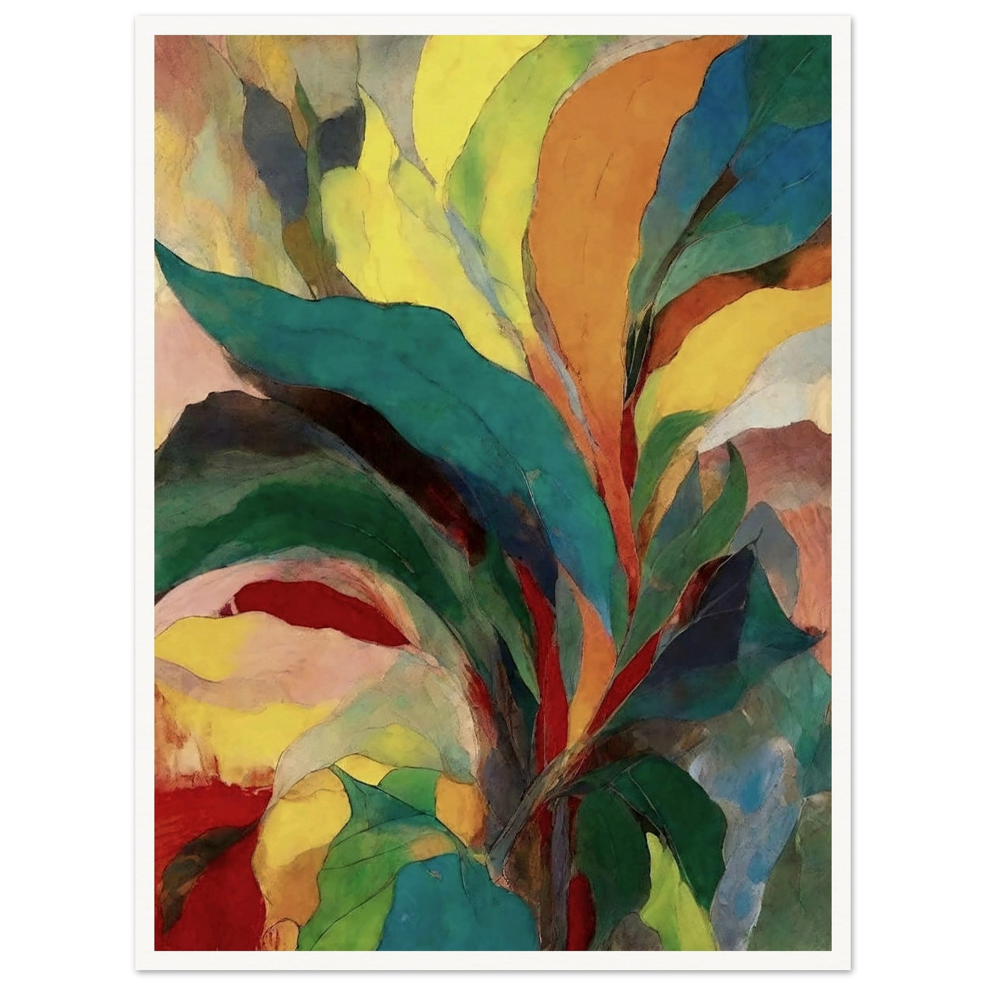 A vivid and abstract composition of overlapping leaves and foliage in rich hues of green, yellow, red, and blue, radiating energy and life.