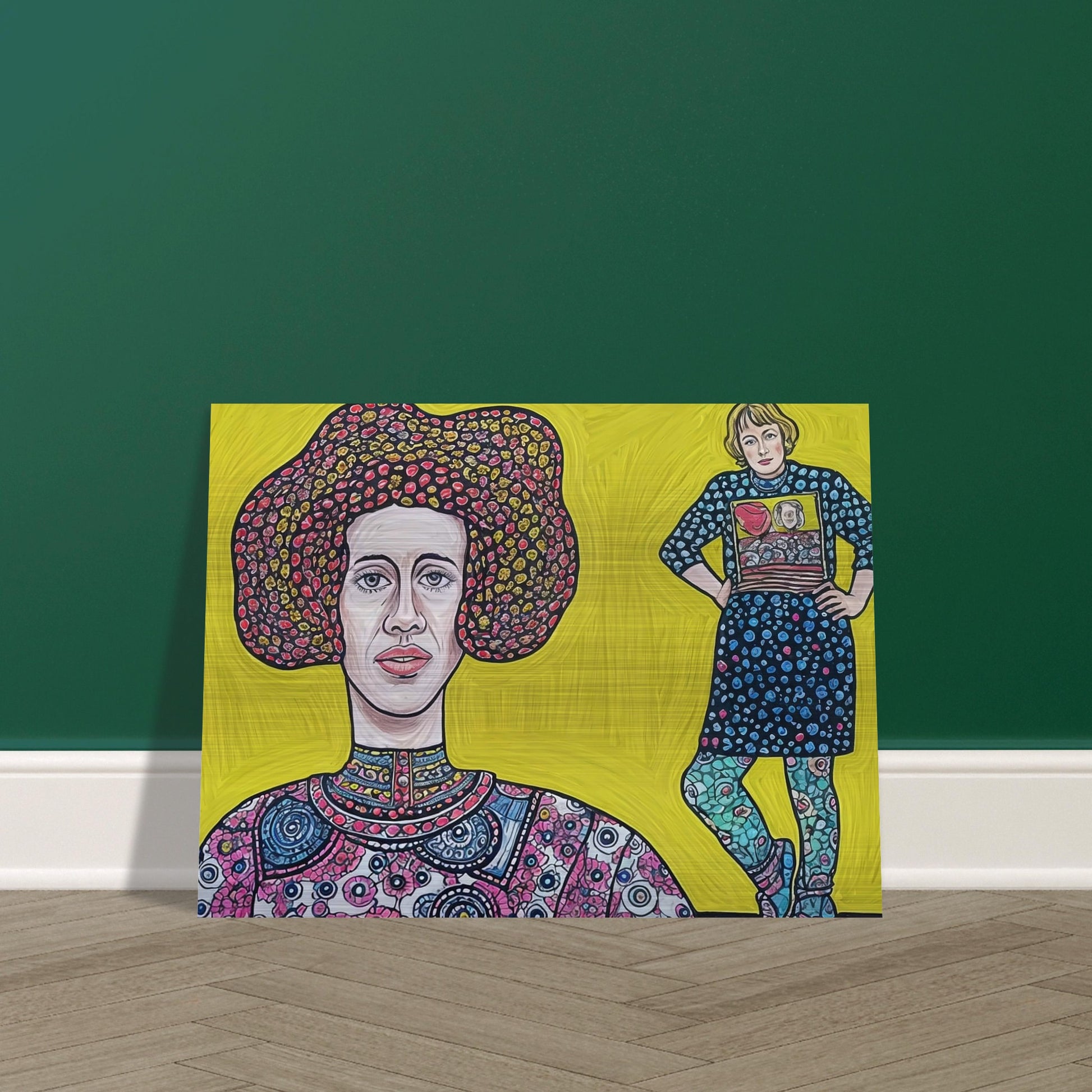 A colorful dual portrait painting featuring two women in patterned clothing against a bright yellow background.