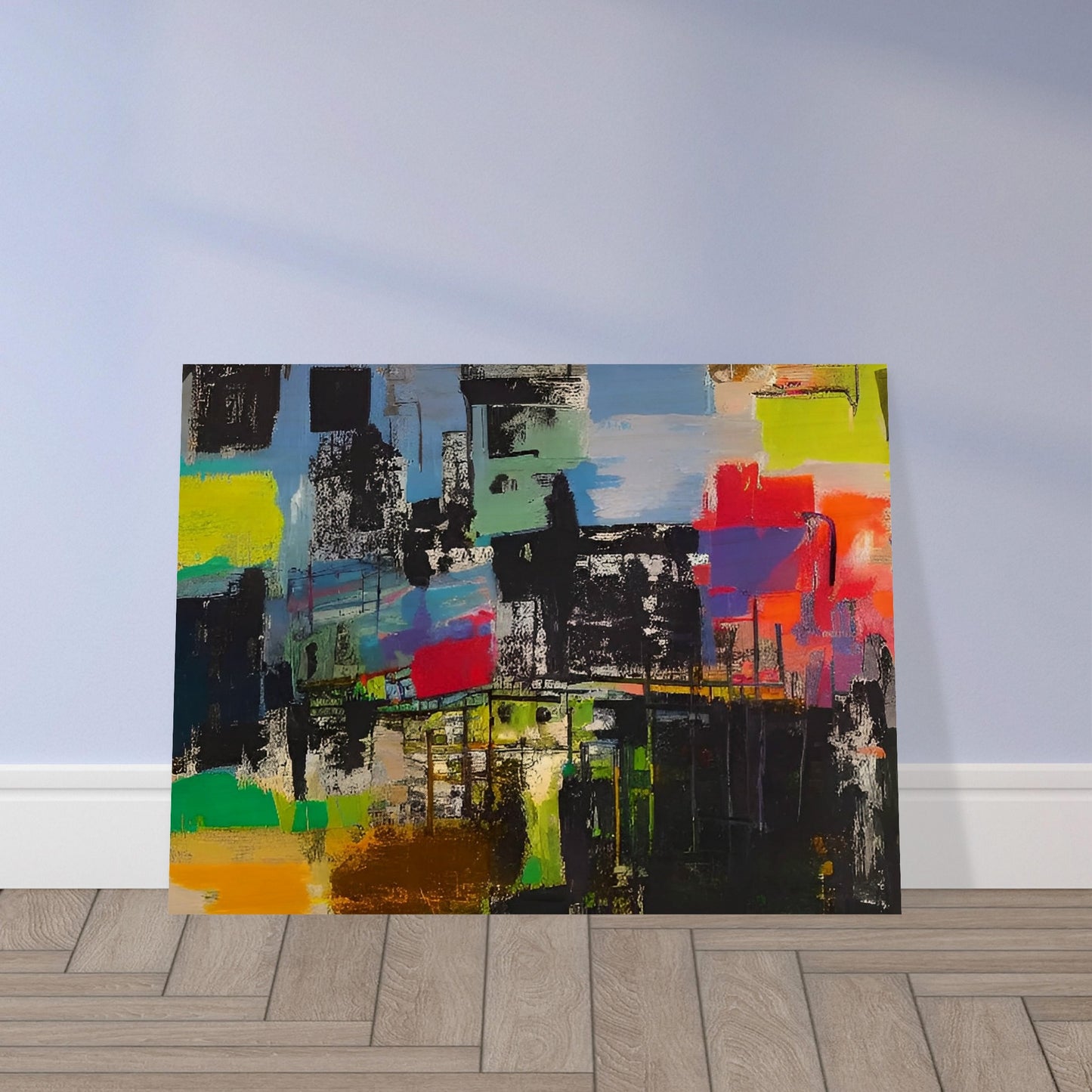 An abstract painting with bold colors and textures representing a bustling cityscape. The composition features vibrant blocks of green, blue, yellow, and red.