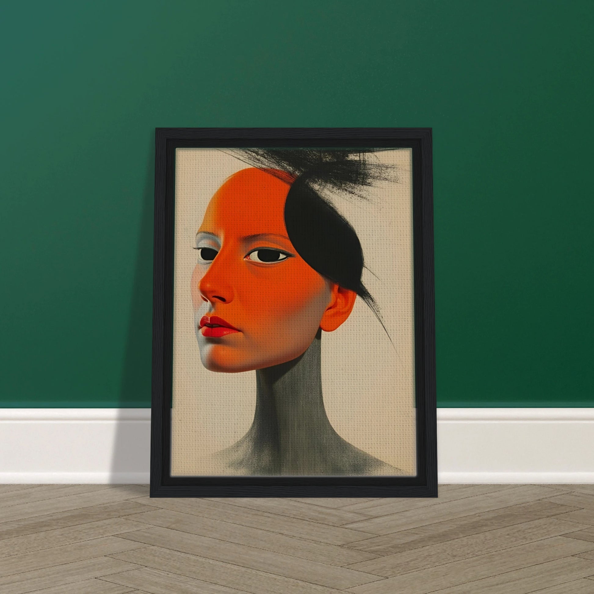 A surreal portrait of a woman with vivid orange skin and intense gaze, blending soft realism with bold graphic contrasts.